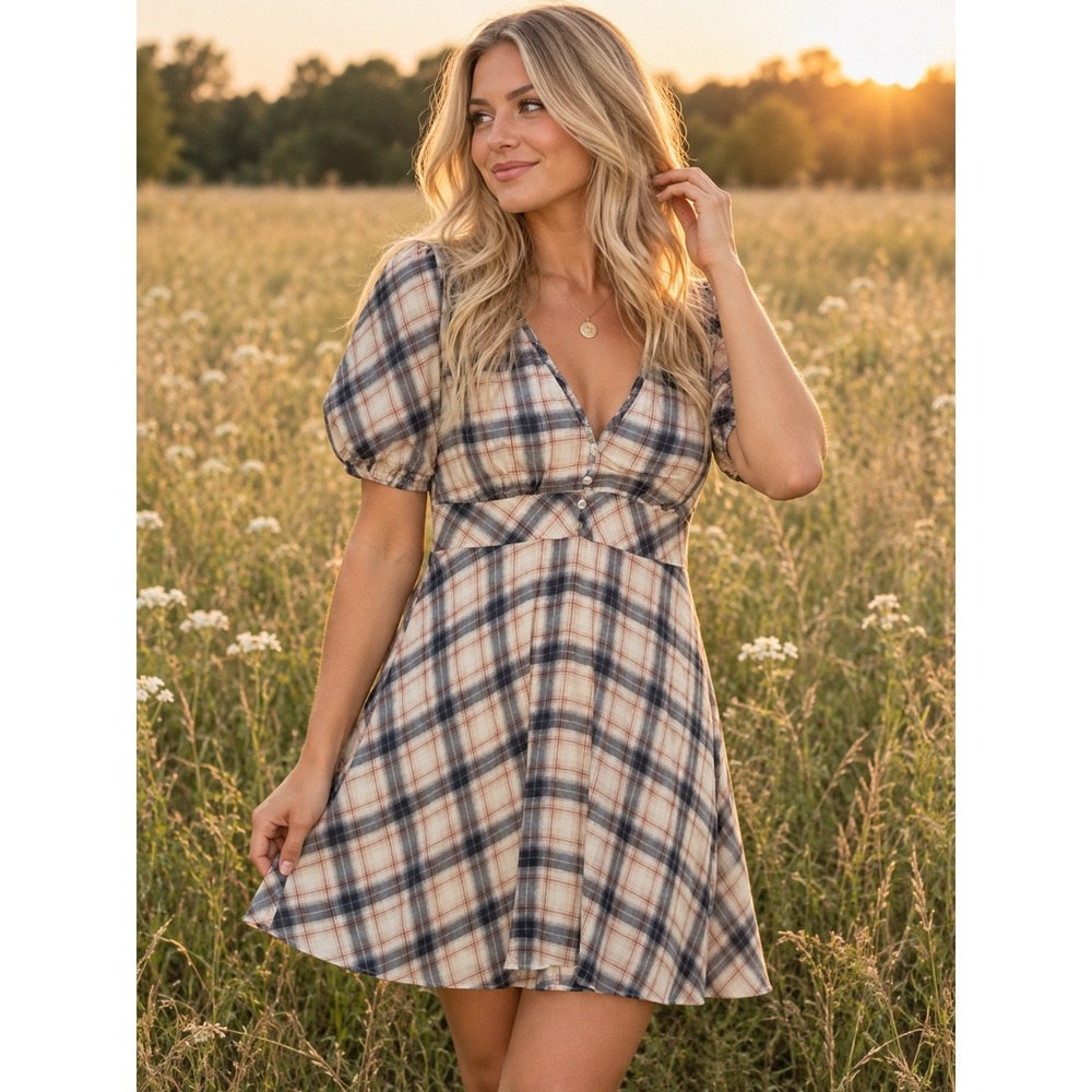 Blue Rain Francesca's Priella Plaid Mini Dress Cottagecore V-Neck‎ Puff Sleeve L